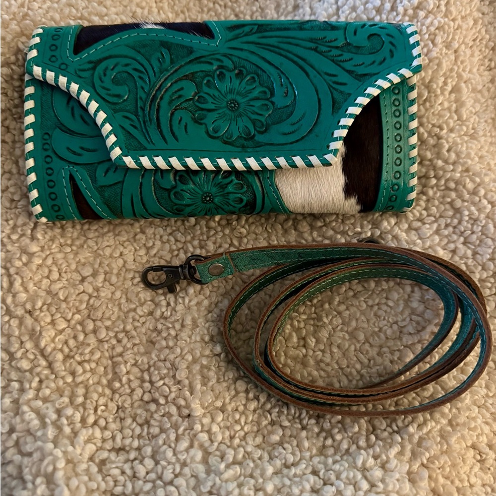 Teal Floral Tooled and Cowhide Clutch Wallet Crossbody Western Linen
